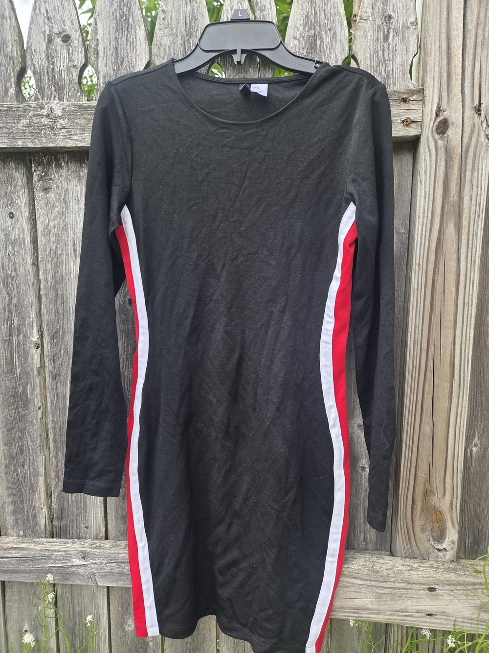 Divided Black Long-Sleeve Bodycon Dress with Red & White Side Stripes
